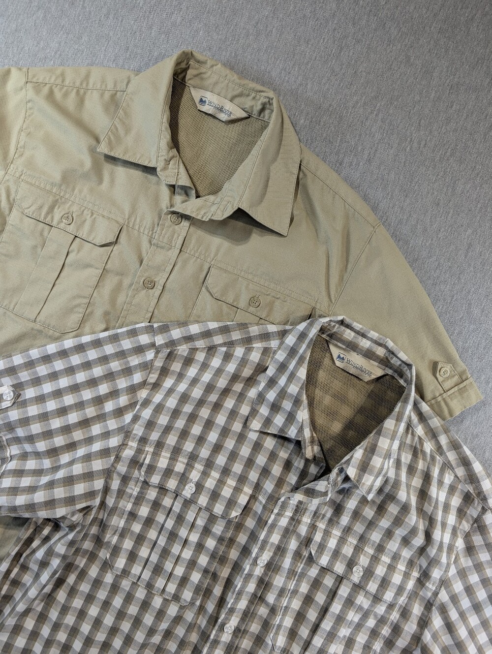 WindRiver Lot Of 2 Outdoor Utility Shirts Men's Large Tan Plaid Short Sleeve
